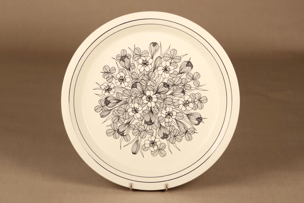 Arabia Krokus tarjoiluvati, mustavalkoinen, suunnittelija Esteri Tomula, kukka, serikuva