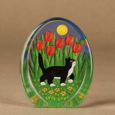 Iittala lasikortti, monivärinen, suunnittelija Martti Lehto, kissa, tulppaani