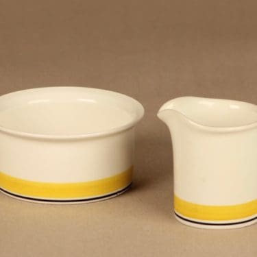 Arabia Faenza Raita sokerikko ja kermakko, raitakoriste, suunnittelija Peter Winquist, raitakoriste