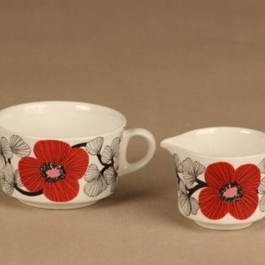 Arabia Isokukka sokerikko ja kermakko, punainen, musta, suunnittelija Esteri Tomula, kukka, retro