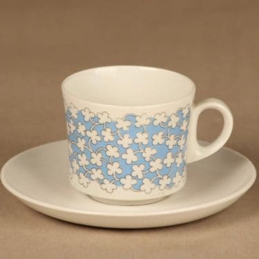 Arabia Pizzicato kahvikuppi, vaaleansininen, suunnittelija Esteri Tomula, kukka, serikuva