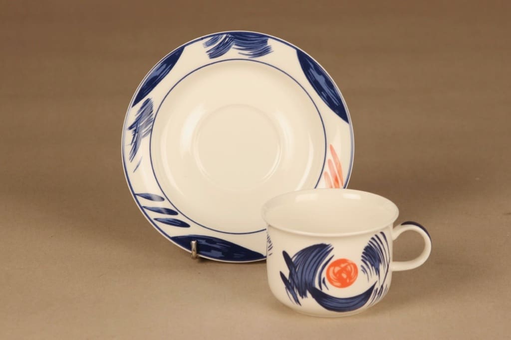 Arabia Arctica Nova teekuppi ja lautaset(2), sininen, oranssi, suunnittelija Dorrit von Fieandt, kukka, moderni kuva 3