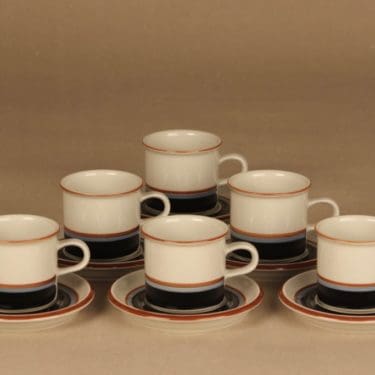 Arabia Taika kahvikuppi, raitakoriste, 6 kpl, suunnittelija Inkeri Seppälä, raitakoriste