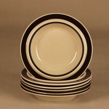 Arabia Ruija lautanen, syvä, 6 kpl, suunnittelija Raija Uosikkinen, syvä, raitakoriste