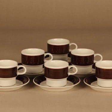 Arabia Inari kahvikuppi, ruskea, valkoinen, 6 kpl, suunnittelija Göran Bäck,