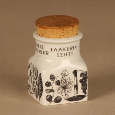 Arabia Maustekuva maustepurkki, Laakerinlehti, suunnittelija Esteri Tomula, Laakerinlehti, serikuva, mauste