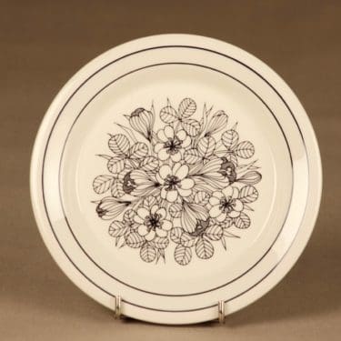 Arabia Krokus lautanen, musta, valkoinen, suunnittelija Esteri Tomula, kukka, serikuva