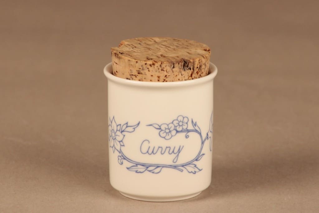 Arabia Sininen keittiö maustepurkki, Curry, suunnittelija Raija Uosikkinen, Curry