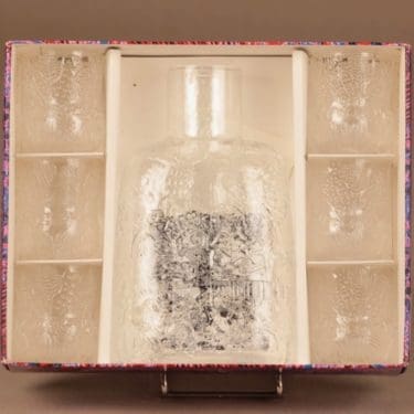 Nuutajärvi Fauna karahvi ja lasit(2), kirkas, 7 kpl, suunnittelija Oiva Toikka, Eläin-aihe