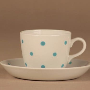 Arabia Pallo kahvikuppi, valkoinen, sininen, suunnittelija Raija Uosikkinen, pallo