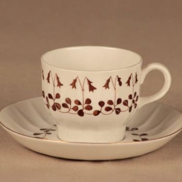 Arabia Vanamo kahvikuppi, ruskea, valkoinen, suunnittelija Esteri Tomula, kukka, serikuva