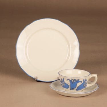 Arabia kahvikuppi ja lautaset(2), sininen, suunnittelija , serikuva, kukka