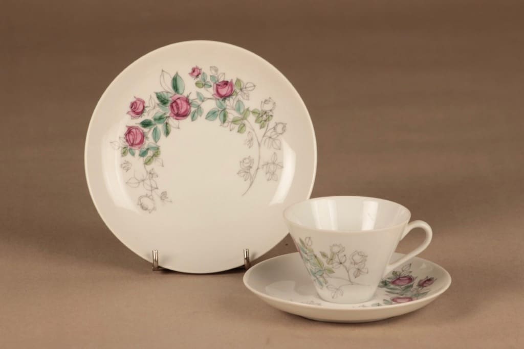 Arabia Rosalia coffee cup and plates(2), hand-painted designer Hilkka-Liisa Ahola