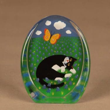 Iittala lasikortti, Kissa niityllä, suunnittelija Martti Lehto, Kissa niityllä, kissa, perhonen