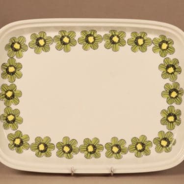 Arabia Primavera tarjoiluvati, vihreä, keltainen, suunnittelija Esteri Tomula, serikuva, kukka, retro