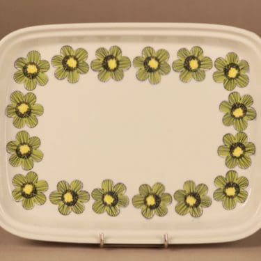 Arabia Primavera tarjoiluvati, vihreä, keltainen, suunnittelija Esteri Tomula, serikuva, kukka, retro