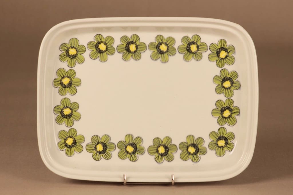 Arabia Primavera tarjoiluvati, vihreä, keltainen, suunnittelija Esteri Tomula, serikuva, kukka, retro