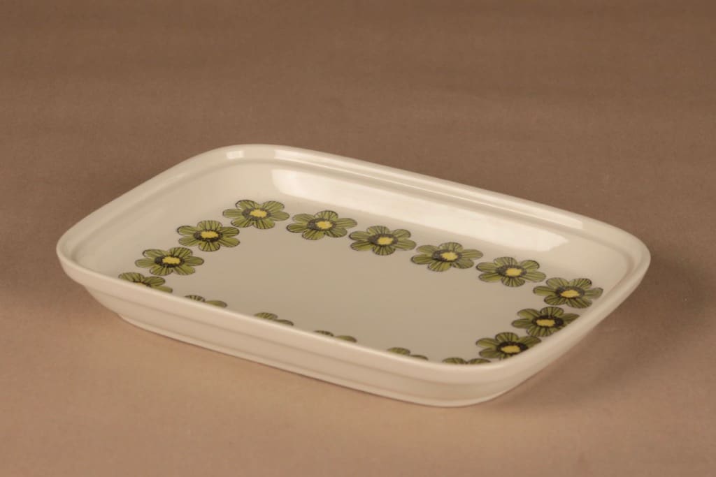 Arabia Primavera tarjoiluvati, vihreä, keltainen, suunnittelija Esteri Tomula, serikuva, kukka, retro kuva 2