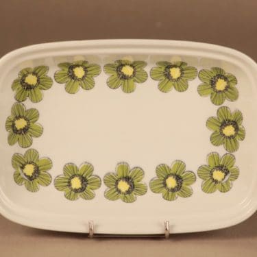 Arabia Primavera tarjoiluvati, vihreä, keltainen, suunnittelija Esteri Tomula, serikuva, kukka, retro