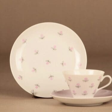 Arabia Monica kahvikuppi ja lautaset(2), käsinmaalattu, suunnittelija Esteri Tomula, käsinmaalattu, kukka, käsinmaalattu