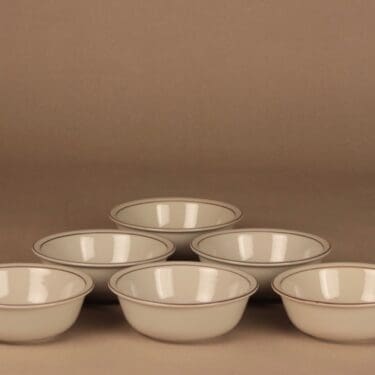 Arabia Fennica kulho, valkoinen, ruskea raita, 6 kpl, suunnittelija Richard Lindh, raitakoriste