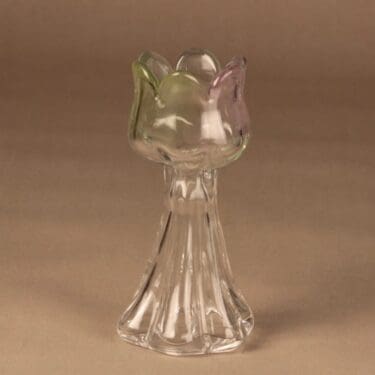 Riihimäen lasi Kukkainen taide-esine, kirkas, vihreä, vaaleanpunainen, suunnittelija Helena Tynell,