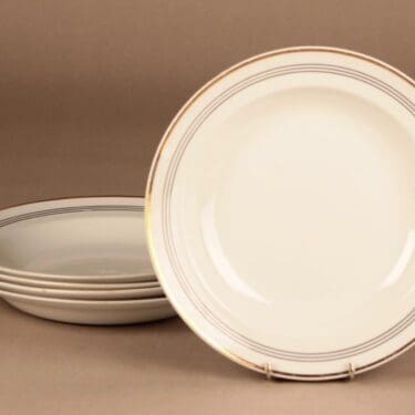 Arabia lautanen, valkoinen, musta ja kulta raita, 5 kpl, suunnittelija , raitakoriste