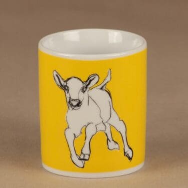 Marimekko Kevätjuhla muki, keltainen, suunnittelija Miina Äkkijyrkkä, lehmä