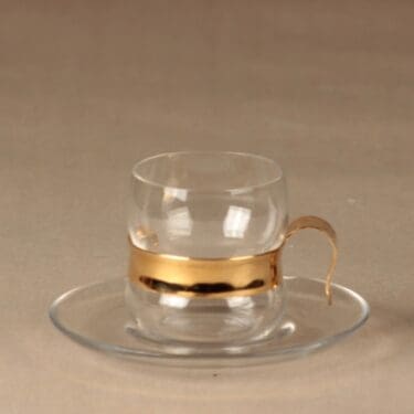 Iittala Paula glögilasi ja lautanen, kirkas, kulta, suunnittelija Jorma Vennola,