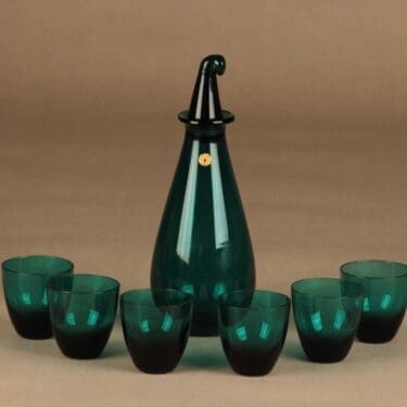 Riihimäen lasi Nukkumatti Karahvi 35 cl ja lasi 5 cl, turkoosi, 1+6 kpl, suunnittelija Nanny Still,