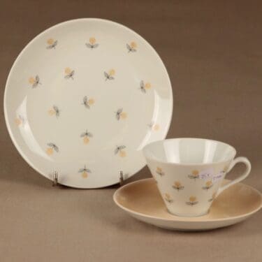 Arabia Monica kahvikuppi ja lautaset(2), käsinmaalattu, suunnittelija Esteri Tomula, käsinmaalattu