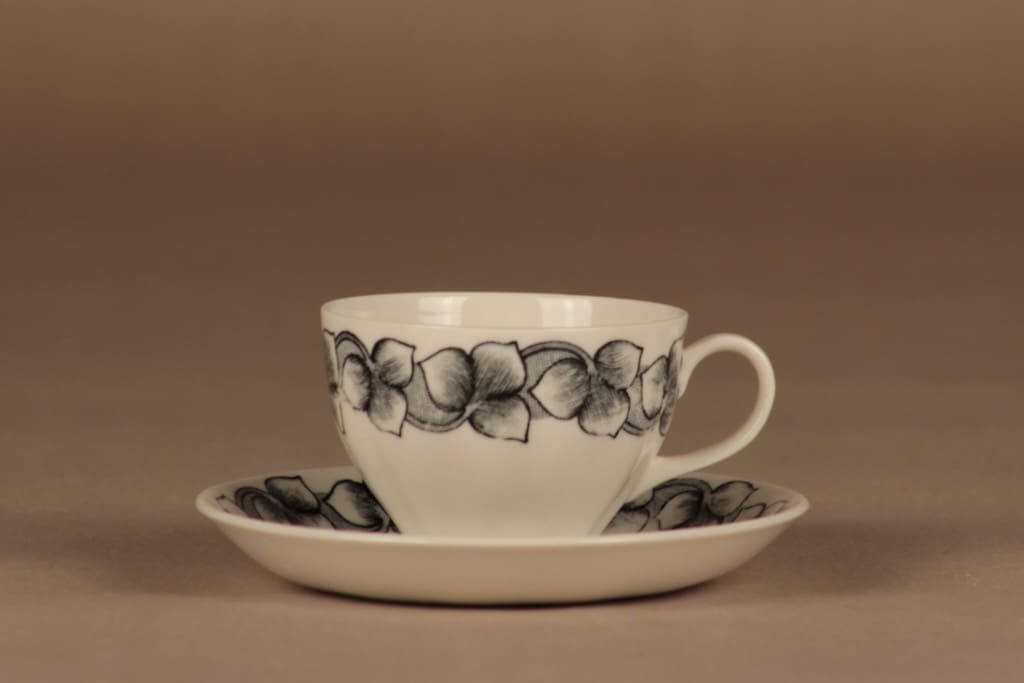 Arabia Rinki kahvikuppi, musta, harmaa, suunnittelija Esteri Tomula, kukka, ornamentti
