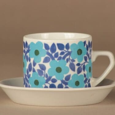 Arabia Ahmet teekuppi, sininen, turkoosi, suunnittelija Raija Uosikkinen, kukka