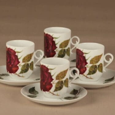 Arabia Ruusu kahvikuppi, punainen, vihreä, 4 kpl, suunnittelija Anneli Qveflander, kukka, ruusu