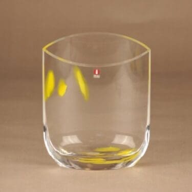 Iittala Lido maljakko, kirkas, keltaiset täplät, suunnittelija Tiina Nordström,