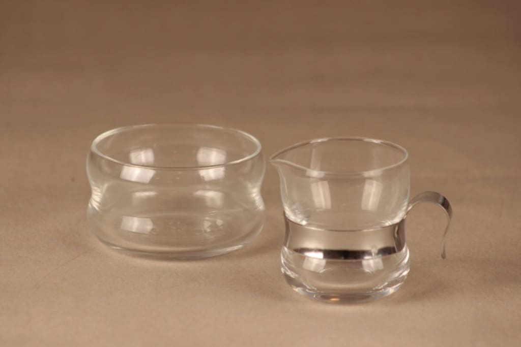 Iittala Paula sokerikko ja kermakko, kirkas, hopea, suunnittelija Jorma Vennola, metalliotin