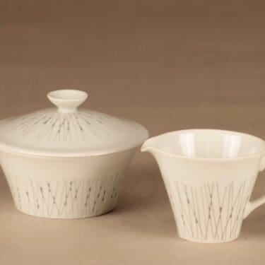 Arabia Stella sokerikko ja kermakko, valkoinen, harmaa, suunnittelija Raija Uosikkinen, viivakoriste