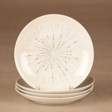 Arabia Stella lautanen, valkoinen, harmaa, 4 kpl, suunnittelija Raija Uosikkinen, viivakoriste