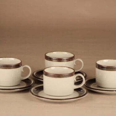 Arabia Karelia teekuppi, ruskea, harmaa, 4 kpl, suunnittelija Anja Jaatinen-Winquist, raitakoriste