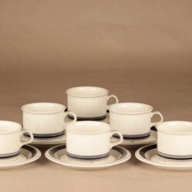 Arabia Faenza raita teekuppi, valkoinen, musta raita, 6 kpl, suunnittelija Peter Winquist, raitakoriste