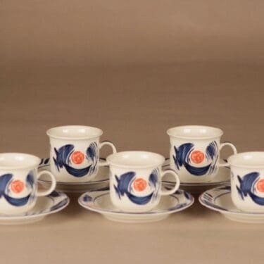 Arabia Arctica Nova kahvikuppi, sininen, oranssi, 5 kpl, suunnittelija Dorrit von Fieandt,