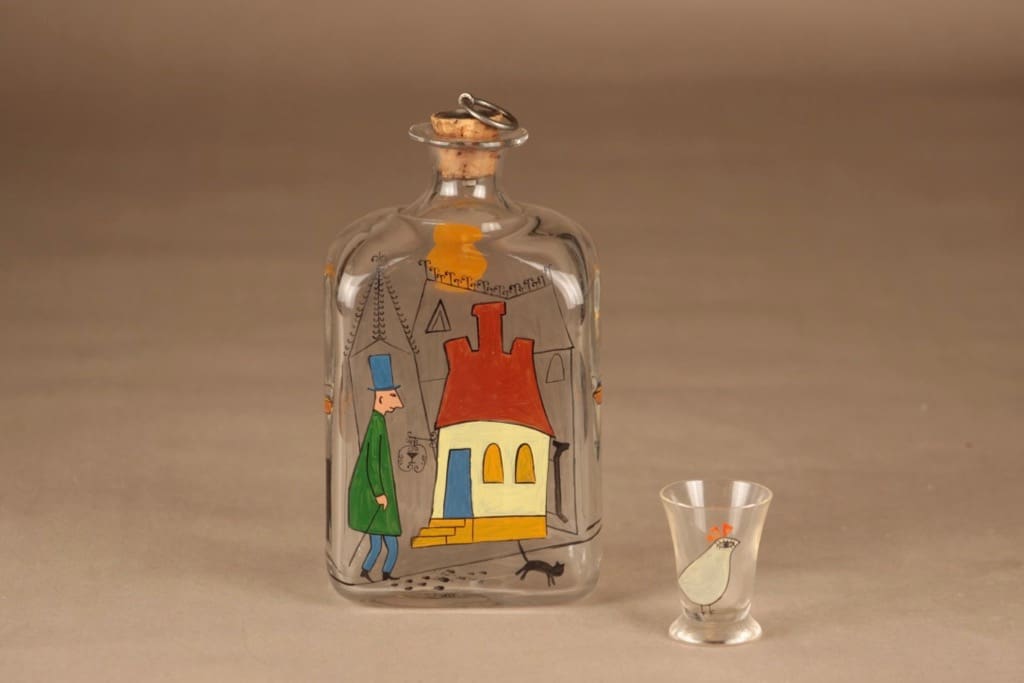 Iittala pullo ja lasi, käsinmaalattu, suunnittelija Tapio Wirkkala, käsinmaalattu, signeerattu