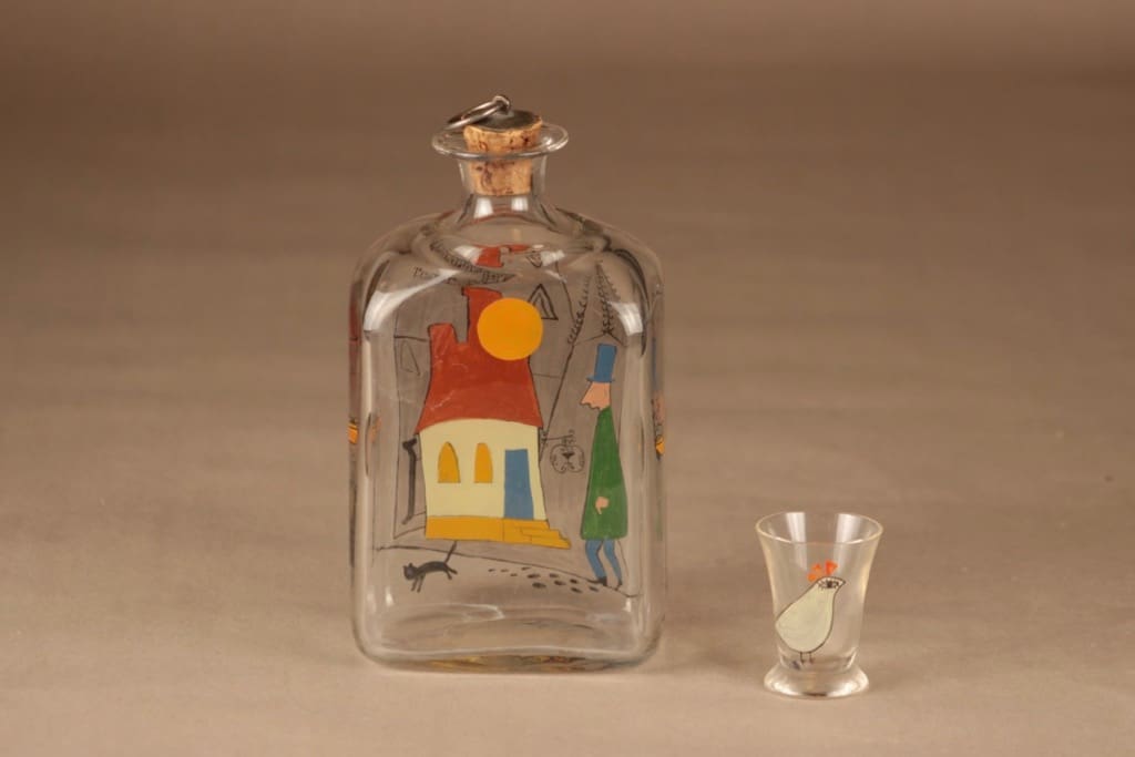 Iittala pullo ja lasi, käsinmaalattu, suunnittelija Tapio Wirkkala, käsinmaalattu, signeerattu kuva 2