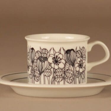 Arabia Krokus kahvikuppi, mustavalkoinen, suunnittelija Esteri Tomula, kukka, serikuva
