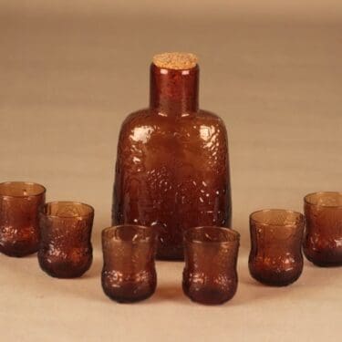 Riihimäen lasi Fauna karahvi ja 6 lasia, ruskea, 1+6 kpl, suunnittelija Oiva Toikka,